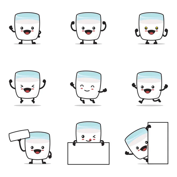 Cute Milk Cartoon Happy Facial Expressions Different Poses Isolated White — Image vectorielle
