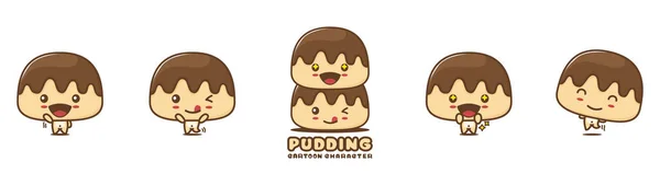 Cute Chocolate Pudding Mascot Cake Cartoon Illustration Different Facial Expressions — Stockvector