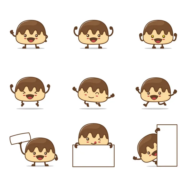 Cute Chocolate Pudding Cartoon Happy Facial Expressions Different Poses Isolated — Image vectorielle