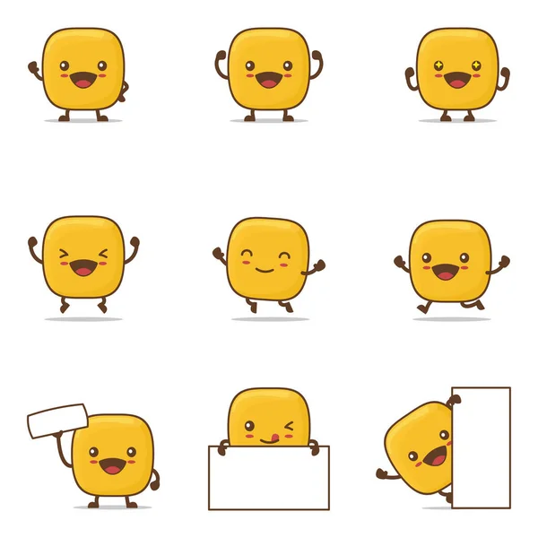 Cute Butter Cartoon Happy Facial Expressions Different Poses Isolated White — Stockvektor