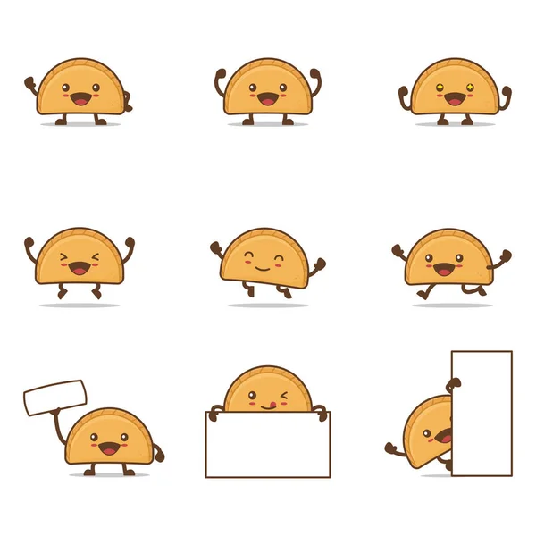 Cute Empanadas Cartoon Happy Facial Expressions Different Poses Isolated White — Stockvektor