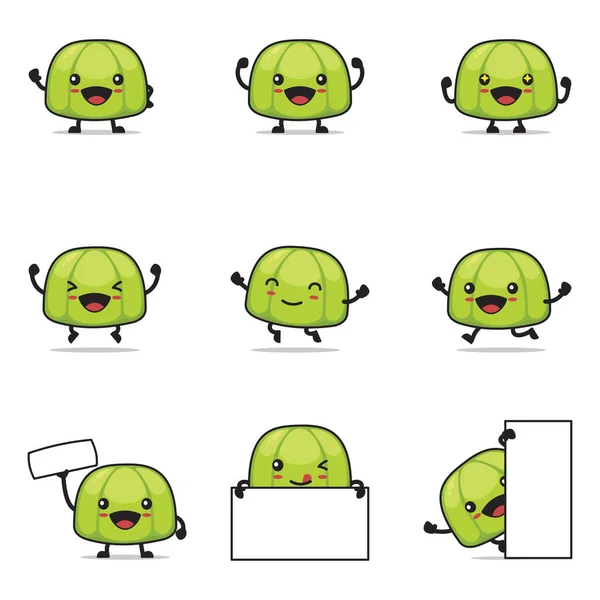 Cute Green Jelly Cartoon Happy Facial Expressions Different Poses Isolated — Stockvektor
