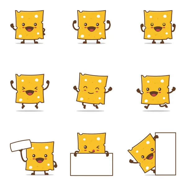 Cute Cheese Slice Cartoon Happy Facial Expressions Different Poses Isolated — стоковый вектор