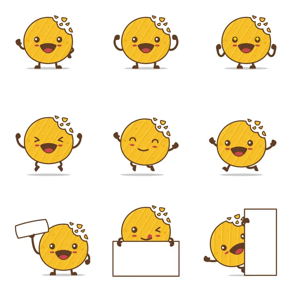 Cute Potato Chips Cartoon Happy Facial Expressions Different Poses Isolated — стоковый вектор