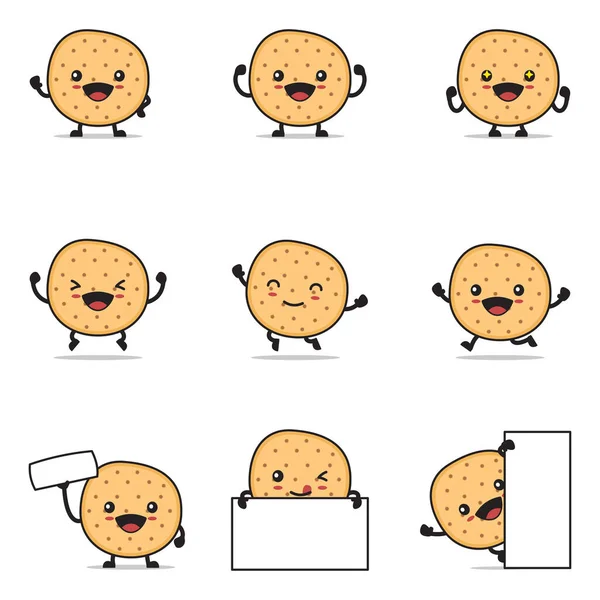 Cute Biscuits Cartoon Happy Facial Expressions Different Poses Isolated White — Stockvektor