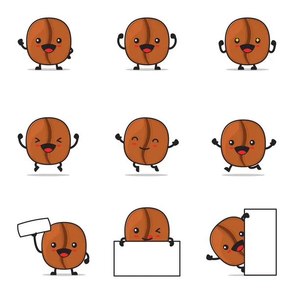 Cute Coffee Bean Cartoon Happy Facial Expressions Different Poses Isolated — Image vectorielle