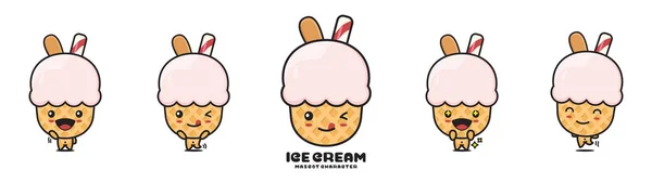Cute Ice Cream Mascot Different Facial Expressions Poses Isolated White — Vetor de Stock