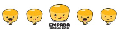 Şirin empada maskotu, geleneksel Brezilya atıştırmalıkları, farklı yüz ifadeleri ve pozlarla, beyaz arka planda izole edilmiş.