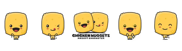 Cute Chicken Nuggets Mascot Food Cartoon Illustration Different Facial Expressions — Stock vektor