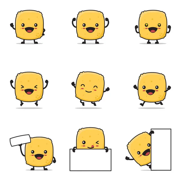 Cute Chicken Nuggets Cartoon Happy Facial Expressions Different Poses Isolated — Wektor stockowy