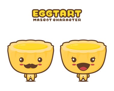 Tatlı maskotlu yumurtalı tart, yemek karikatürü çizimi, beyaz arka planda izole edilmiş.