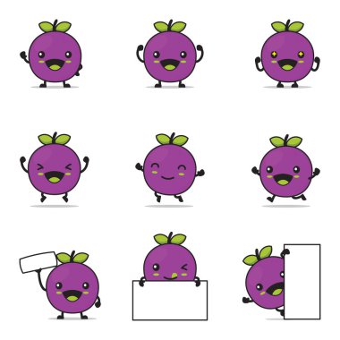 Tatlı üzüm karikatürü, meyve vektör çizimi, mutlu yüz ifadeleri ve farklı pozlarla, beyaz arka planda izole edilmiş.