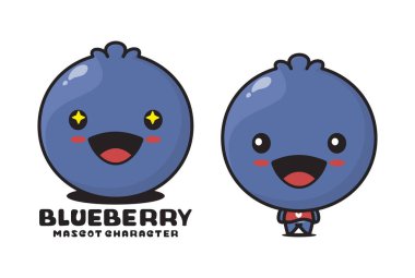 Şirin yaban mersini maskotu, meyve vektör çizimi, logolar, ambalaj etiketleri, çıkartmalar vs. için uygun.