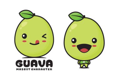 Tatlı guava çizgi film maskotu, meyve vektör çizimi, logolar, ambalaj etiketleri, çıkartmalar vs. için uygun.