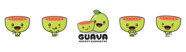 guava karikatür maskotu, meyve vektörü çizimi, farklı yüz ifadeleri ve pozlarla, beyaz arka planda izole edilmiş.