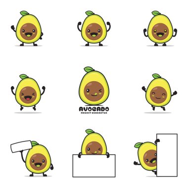 Tatlı avokado karikatürü, meyve vektör çizimi, mutlu yüz ifadeleri ve farklı pozlarla, beyaz arka planda izole edilmiş.