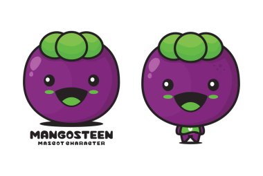 Sevimli mangosteen maskotu, meyve vektör çizimi, logolar, ambalaj etiketleri, çıkartmalar vs. için uygun.