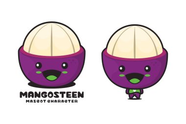 Mangosteen çizgi film maskotu, meyve vektör çizimi, logolar, ambalaj etiketleri, çıkartmalar vs. için uygun.