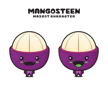 Mangosteen çizgi film maskotu, meyve vektörü çizimi, beyaz arka planda izole edilmiş.