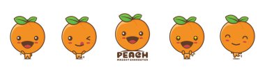 Tatlı şeftali rengi maskot, meyve vektörü çizimi, farklı yüz ifadeleri ve pozlarla, beyaz arka planda izole edilmiş.
