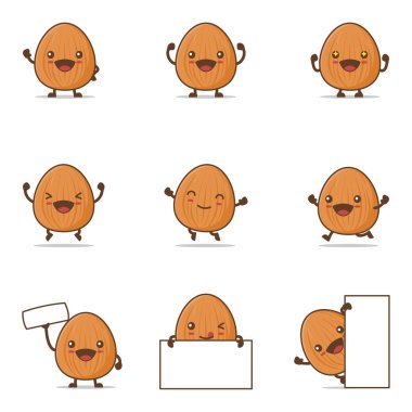 Tatlı badem çizgi film maskotu. Mutlu yüz ifadeleri ve farklı pozlarla, beyaz bir arkaplanda izole edilmiş fasulye vektörü çizimi