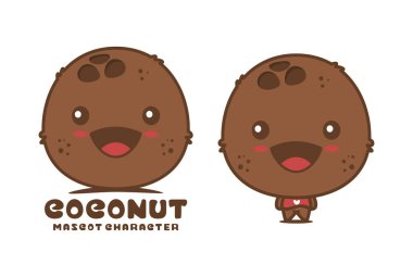 şirin hindistan cevizi maskotu, meyve vektör çizimi, logolar için uygun ambalaj etiketleri, çıkartmalar, vs..