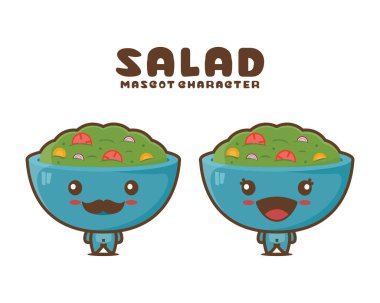 Kâse ve salata çizgi filmi maskotu, vejetaryen yemek vektör çizimi, beyaz arka planda izole edilmiş.
