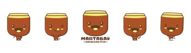 Martabak çizgi film maskotu, Endonezya geleneksel yemek vektör çizimi, farklı yüz ifadeleri ve pozlarla, beyaz arka planda izole edilmiş.