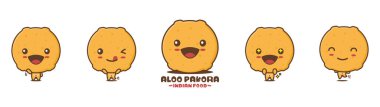 Tatlı aloo pakora çizgi film maskotu. Farklı yüz ifadeleri ve pozlarla, beyaz arka planda izole edilmiş Hint besin vektörü çizimi