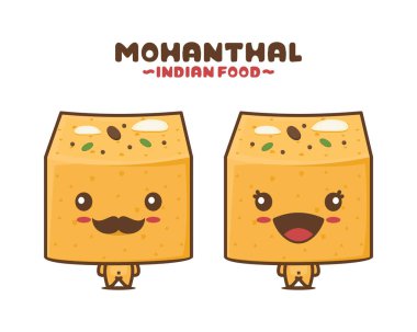 Mohanthal kek çizgi film maskotu. Beyaz arka planda izole edilmiş Hint besin vektörü çizimi