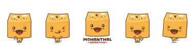 Mohanthal kek çizgi film maskotu. Farklı yüz ifadeleri ve pozlarla, beyaz arka planda izole edilmiş Hint besin vektörü çizimi