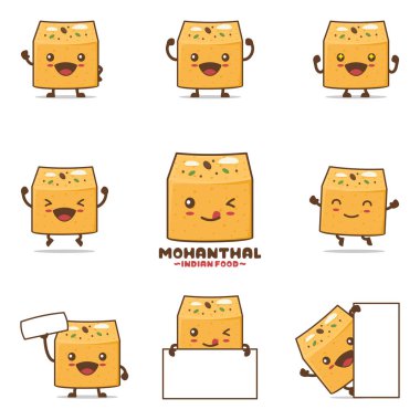 Mohanthal kek çizgi filmi. Mutlu yüz ifadeleri ve farklı pozlarla, beyaz bir arka planda izole edilmiş Hint yemek vektörü çizimi.