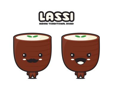 Komik Lassi çizgi film maskotu, Hint geleneksel içecek vektör çizimi, beyaz arka planda izole edilmiş.