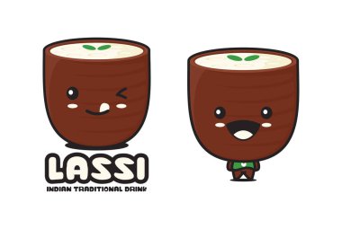 Komik Lassi çizgi film maskotu, Hint geleneksel içecek vektör çizimi, logolar, ambalaj etiketleri, çıkartmalar vs. için uygun.