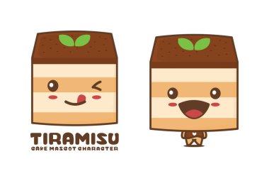 Komik tiramisu çizgi film maskotu, tatlı kek vektör çizimi, logolar, ambalaj etiketleri, çıkartmalar vs. için uygun.