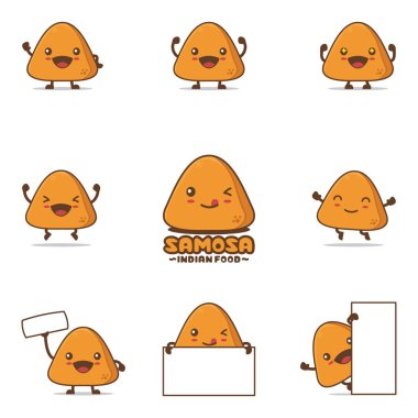 Tatlı samosa çizgi filmi, geleneksel Hint yemek vektör çizimi, mutlu yüz ifadeleri ve farklı pozlarla, beyaz bir arka planda izole edilmiş.