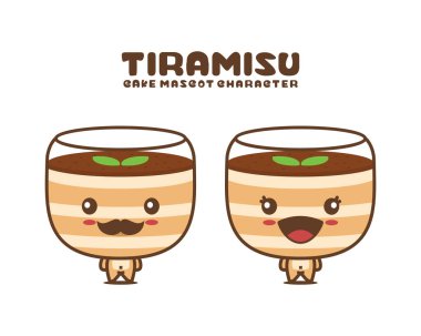 tiramisu çizgi film maskotu, tatlı kek vektör çizimi, beyaz arka planda izole edilmiş.