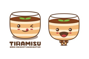 tiramisu çizgi film maskotu, tatlı kek vektör çizimi, logolar, ambalaj etiketleri, çıkartmalar vs. için uygun.