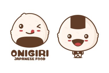 Şirin onigiri çizgi film maskotu, Japon yemek vektör çizimi, logolar, ambalaj etiketleri, çıkartmalar vs. için uygun..