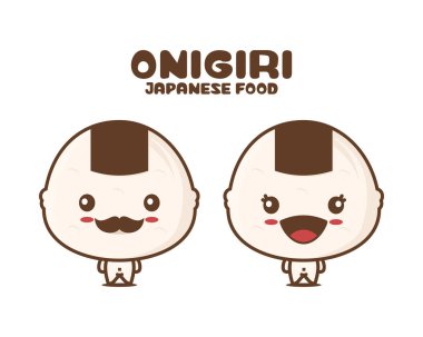 Tatlı onigiri çizgi film maskotu, Japon yemek vektör çizimi, beyaz arka planda izole edilmiş.