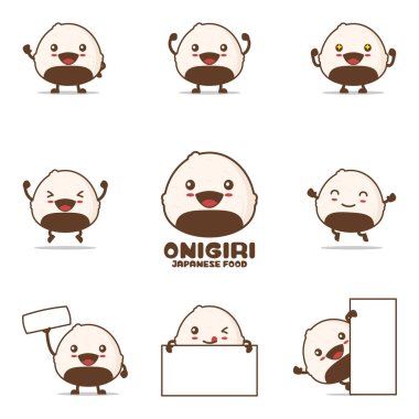 Sevimli onigiri karikatürü, Japon yemek vektör çizimi, mutlu yüz ifadeleri ve farklı pozlarla, beyaz arka planda izole edilmiş.