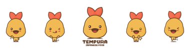 Tempura karides maskotu, Japon yemek vektör çizimi, farklı yüz ifadeleri ve pozlarla, beyaz arka planda izole edilmiş.