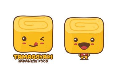 Şirin tamagoyaki çizgi film maskotu, Japon yemek vektör illüstrasyonu, logolar, ambalaj etiketleri, çıkartmalar vs. için uygun..