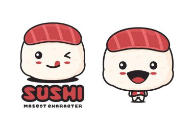 Üzerinde balık eti olan şirin suşi çizgi film maskotu çizimi, logolar, ambalaj etiketleri, çıkartmalar vs. için uygun..