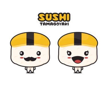 Tatlı tamagoyaki sushi çizgi film maskotu çizimi, beyaz arka planda izole edilmiş.