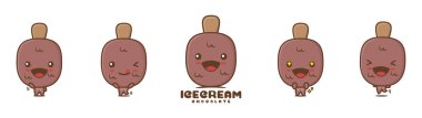 Çikolatalı dondurma maskot çizimi, farklı yüz ifadeleri ve pozlarla, beyaz arka planda izole edilmiş.