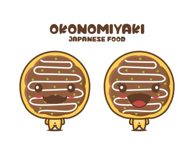 okonomiyaki çizgi film maskotu çizimi, geleneksel Japon yemekleri, beyaz arka planda izole edilmiş.