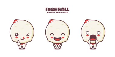 Pirinç topu maskotu çizgi filmi. Farklı yüz ifadeleri ve pozlarla, beyaz arka planda izole edilmiş geleneksel Japon yemeklerinin vektör çizimi