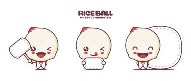 Beyaz arka planda izole edilmiş, boş pankart afişi, geleneksel Japon yemek vektör çizimi olan pirinç topu maskotu çizgi filmi.
