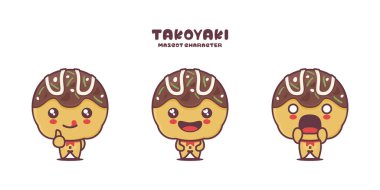 Şirin Takoyaki maskot çizgi filmi. Geleneksel Japon yemeklerinin vektör çizimi, beyaz arka planda farklı ifadelerle izole edilmiş